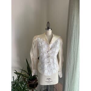 Christian Dior Women’s 6 Blouse Ivory Lace Satin Button Vintage Designer Rare